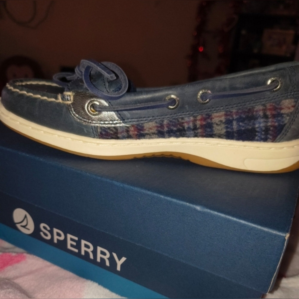 Sperry Angelfish Navy Blue Plaid Women’s Boat Shoe
